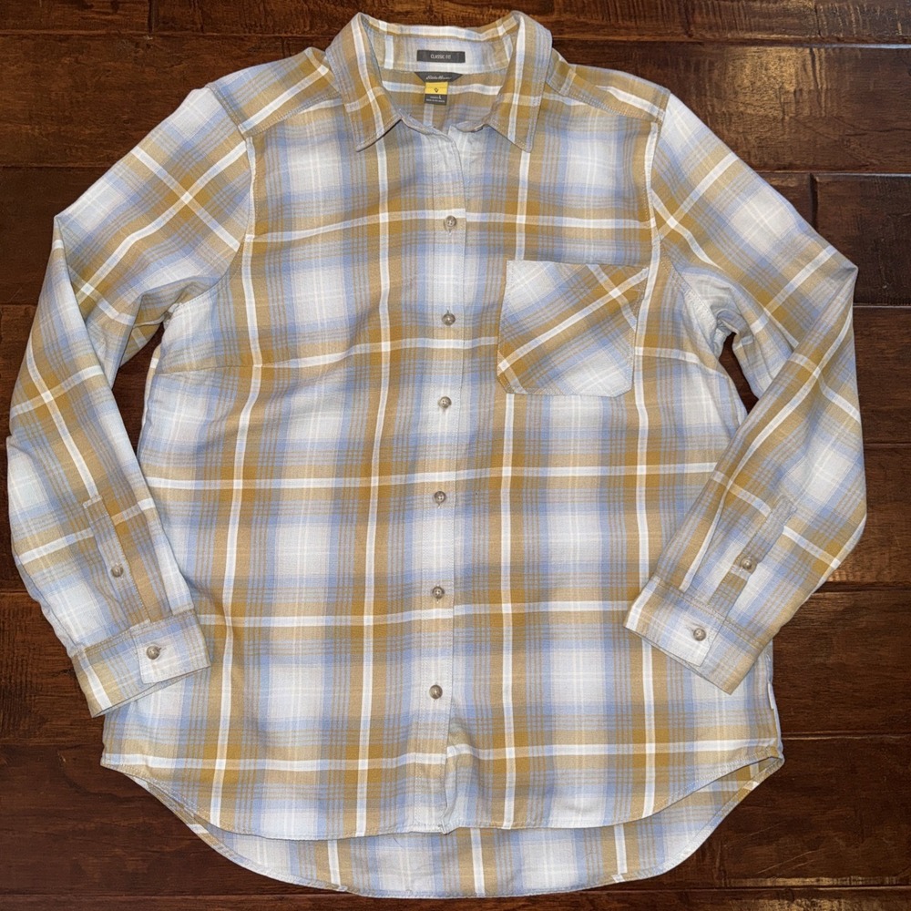 Eddie Bauer Classic Fit Size Large Plaid Natural Colors Super Soft Lightweight